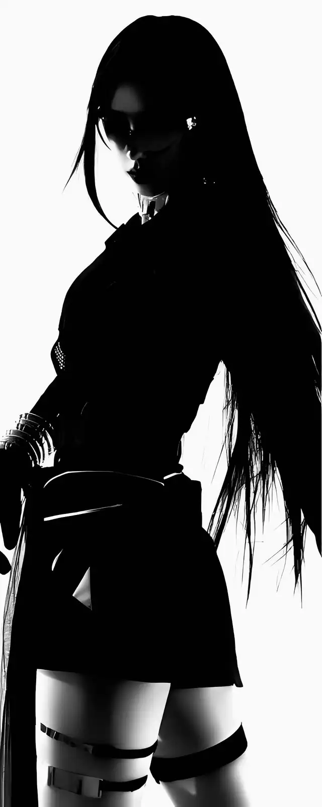 Silhouette of a woman in dark clothing and sunglasses, long hair falling past her waist